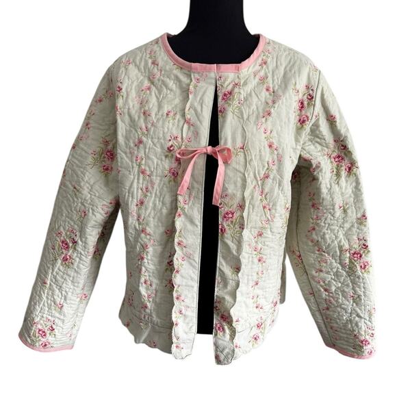 Handmade Quilted Jacket Upcycled Size M/L Repurposed Green Pink Floral Coquette - Picture 10 of 10